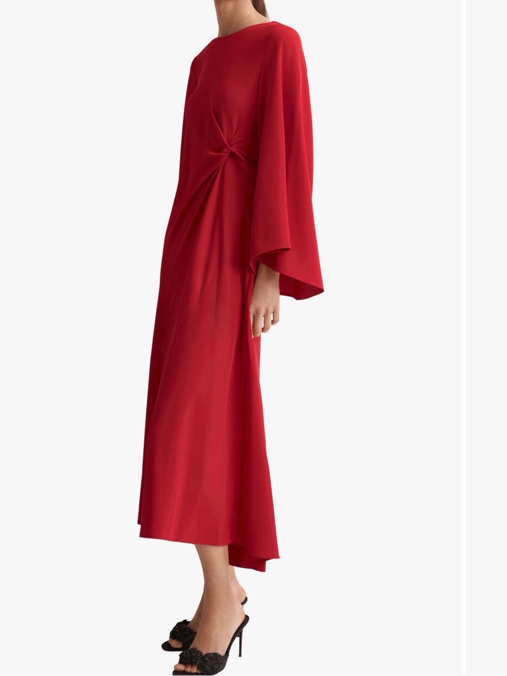 NWT Mango Red Side Twist Bell Sleeve Midi Dress Size 6